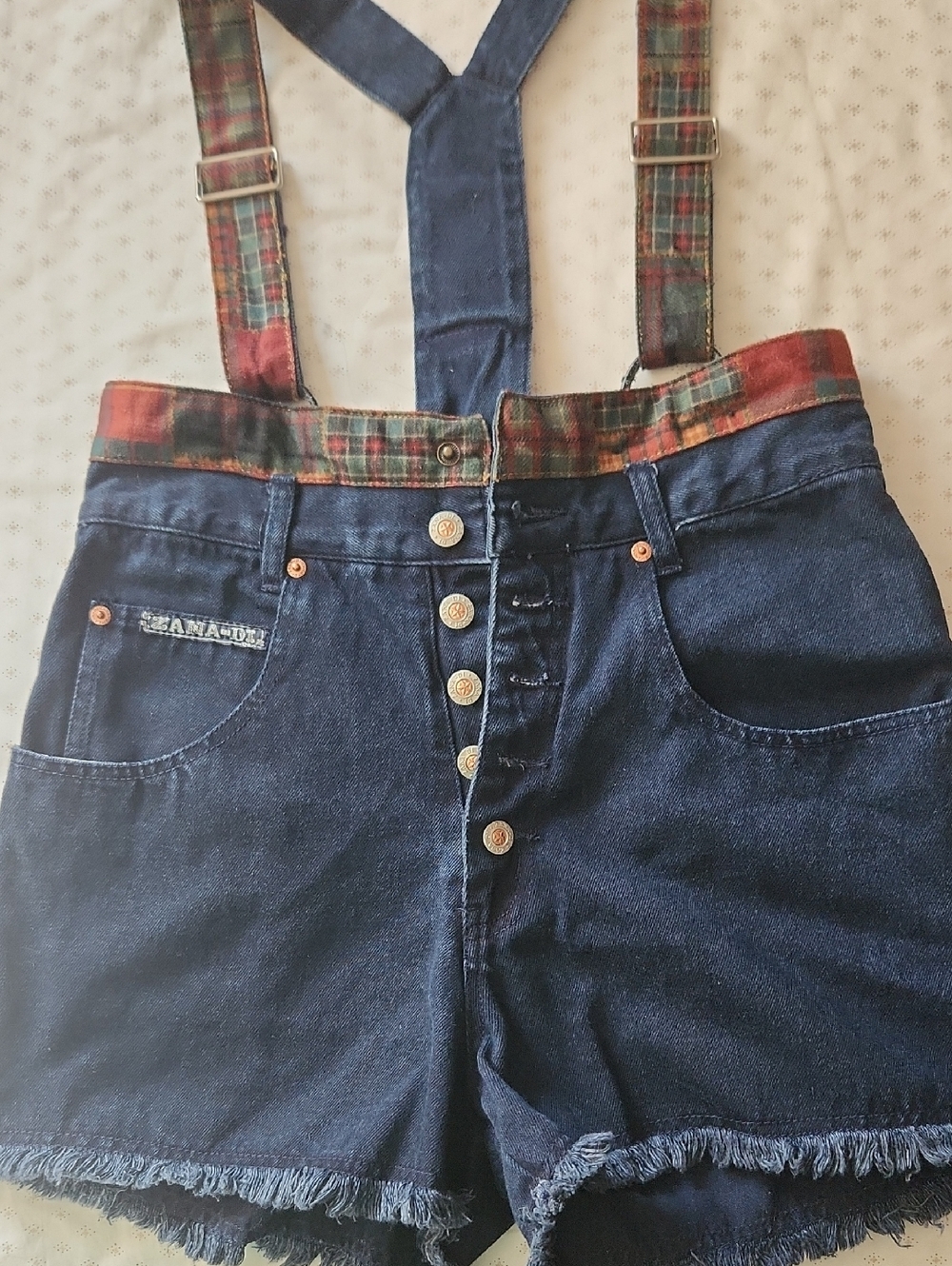 Zana Di High-Waist Navy Denim Button Fly Shorts with Plaid Suspenders Size 9/10